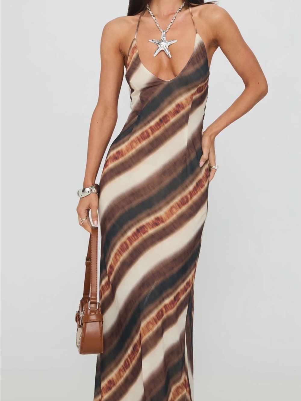 Princess Polly Brown & Cream Striped Maxi Slip Dress Size 4